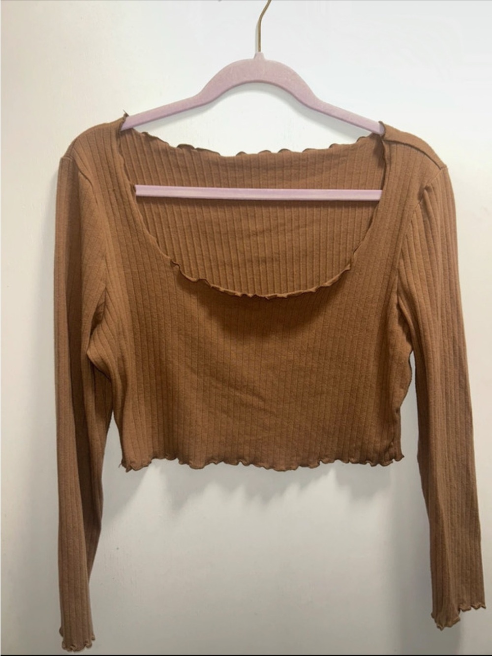 SHEIN Ribbed Scoop-Neck Long Sleeve Crop Top - Brown